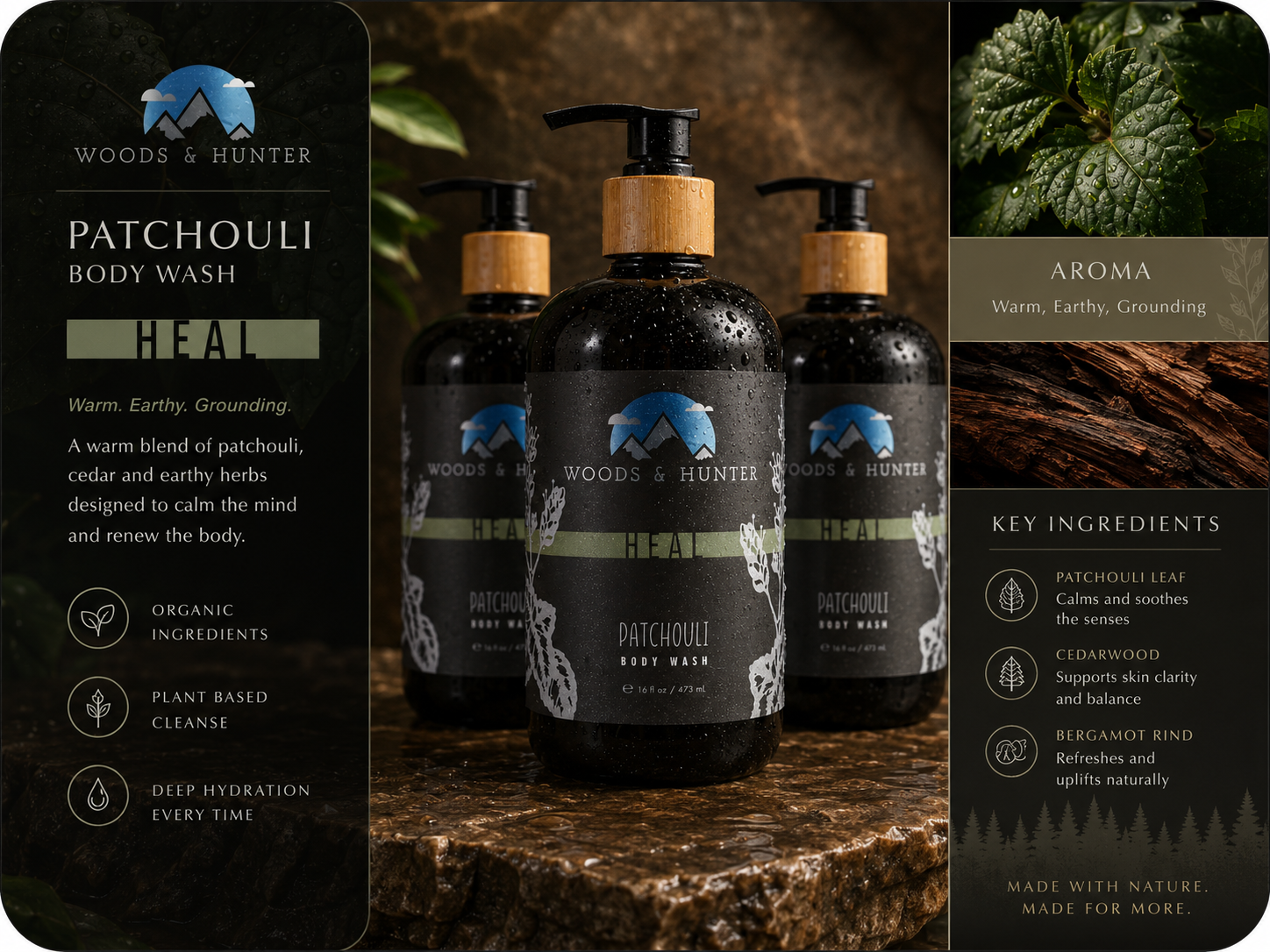 Woods & Hunter Heal Patchouli Cedar Botanical Body Cleanser – 16 fl oz