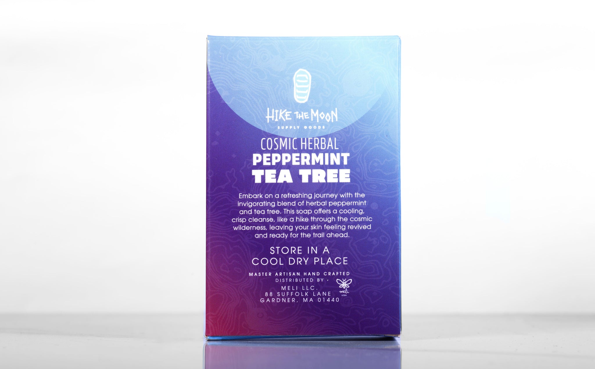 Peppermint and tea tree natural bar soap, back label — Hike the Moon
