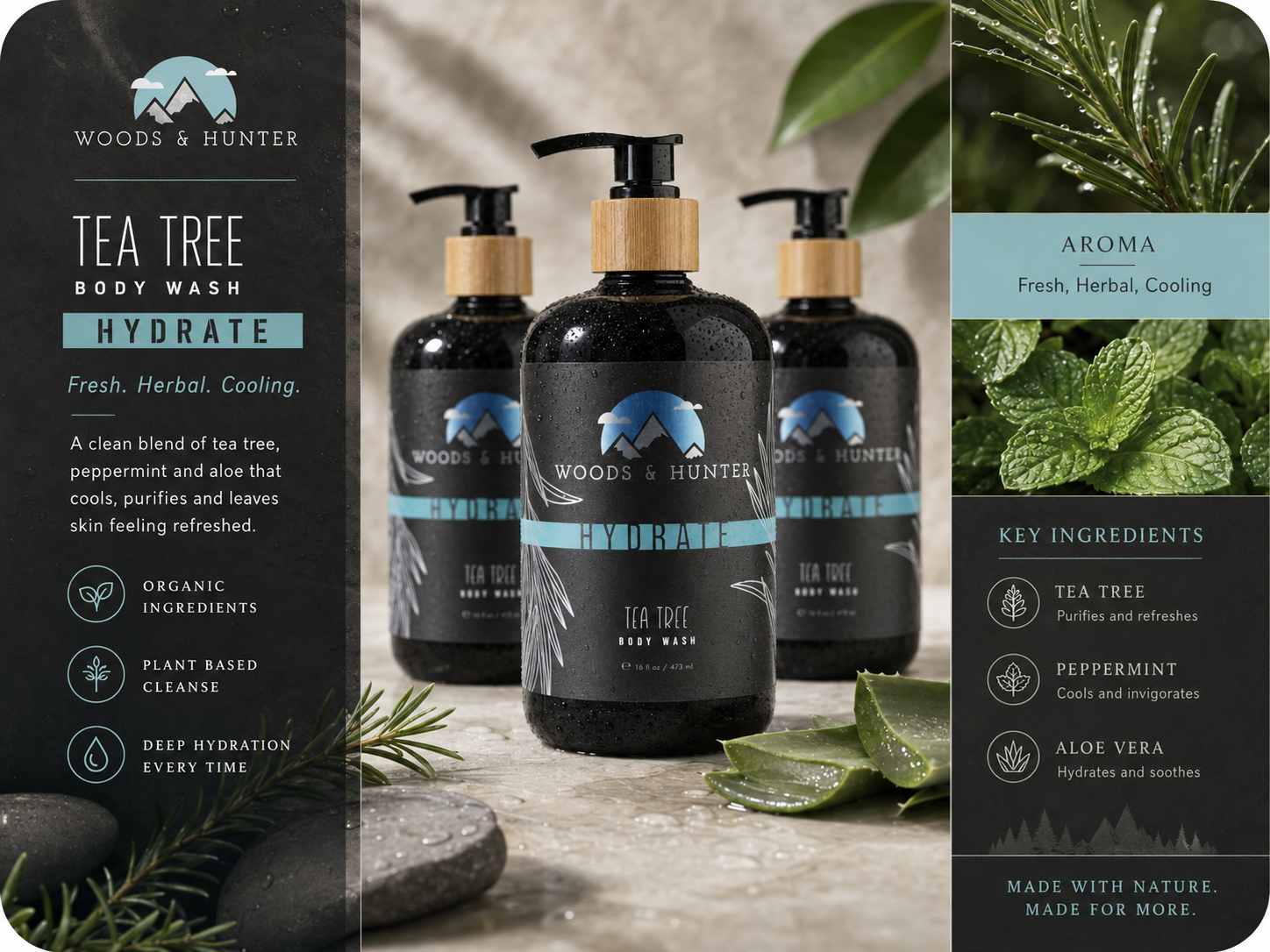 Woods & Hunter Hydrate Tea Tree Mint Botanical Body Cleanser – 16 fl oz
