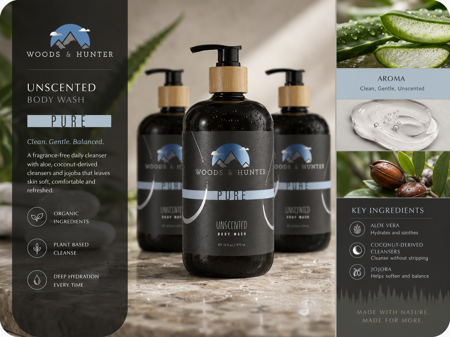Woods & Hunter Pure Unscented Botanical Body Cleanser – 16 fl oz