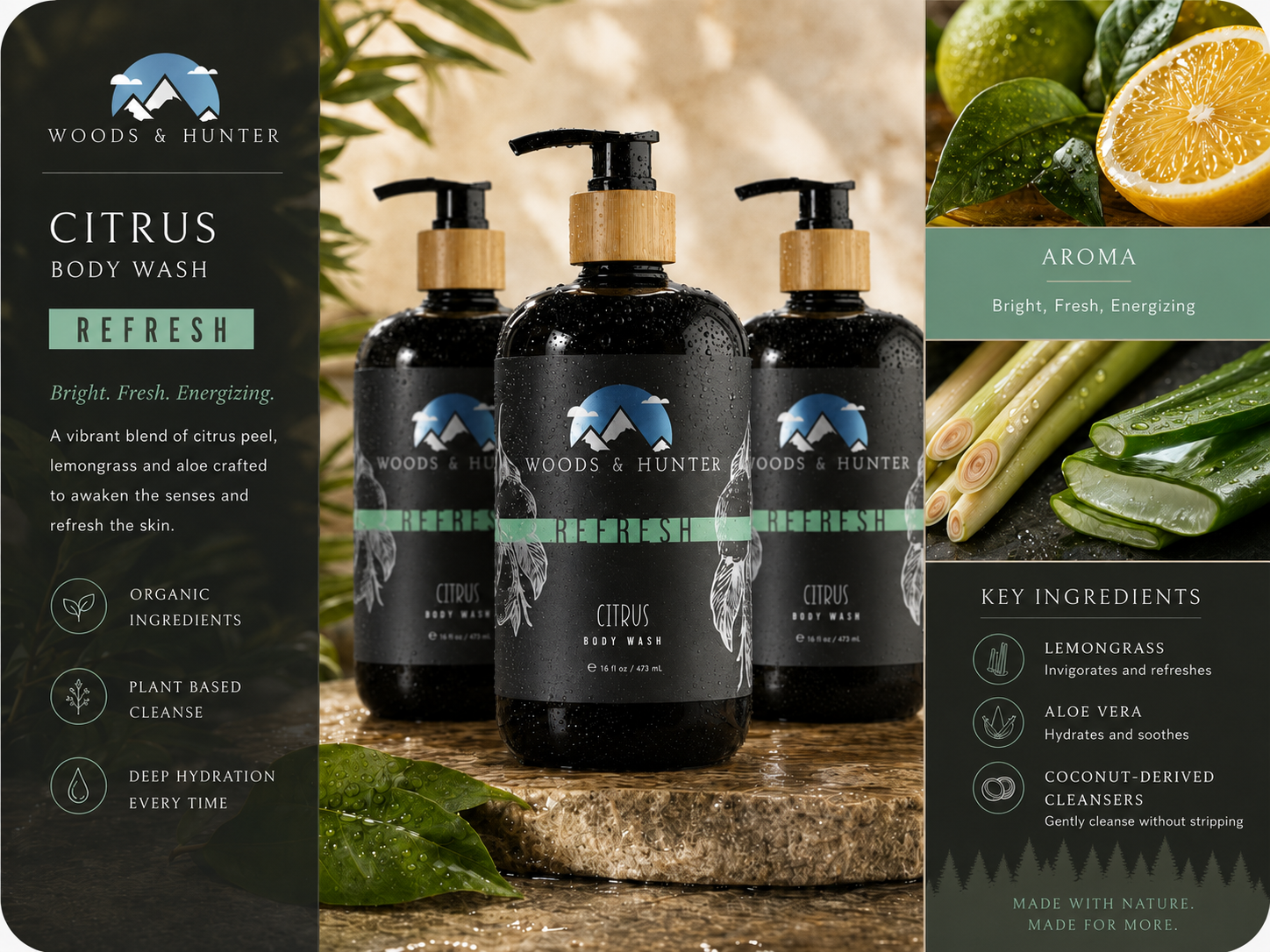 Woods & Hunter Refresh Citrus Lemongrass Botanical Body Cleanser – 16 fl oz