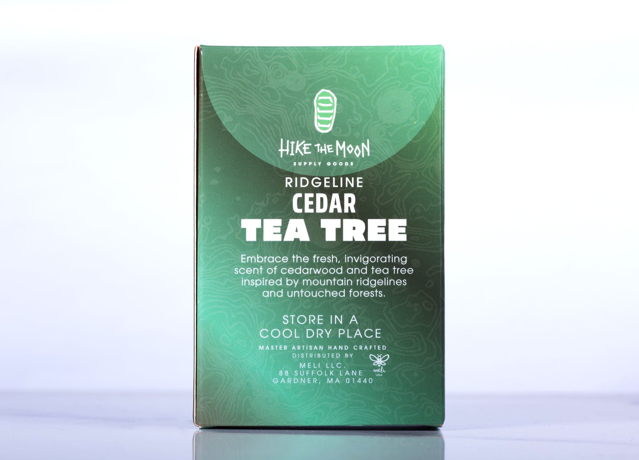 Cedarwood and tea tree natural bar soap, back label — Hike the Moon
