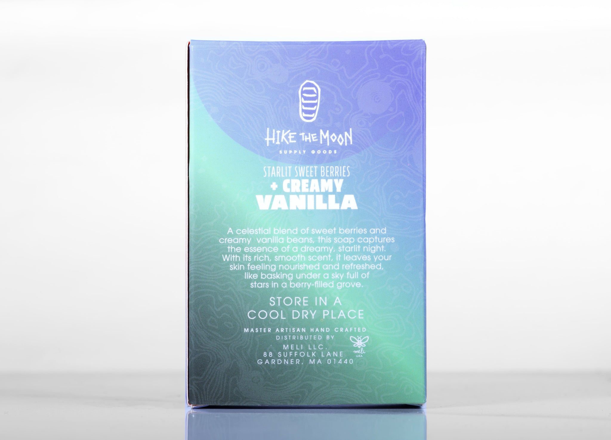 Sweet berry and vanilla natural bar soap, back label — Hike the Moon