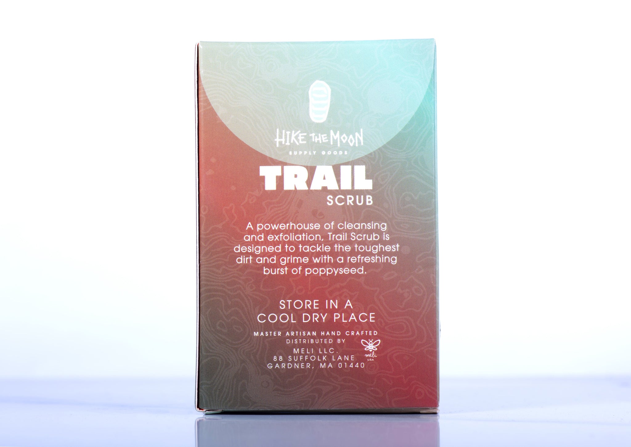 Exfoliating trail scrub bar soap, back label — Hike The Moon