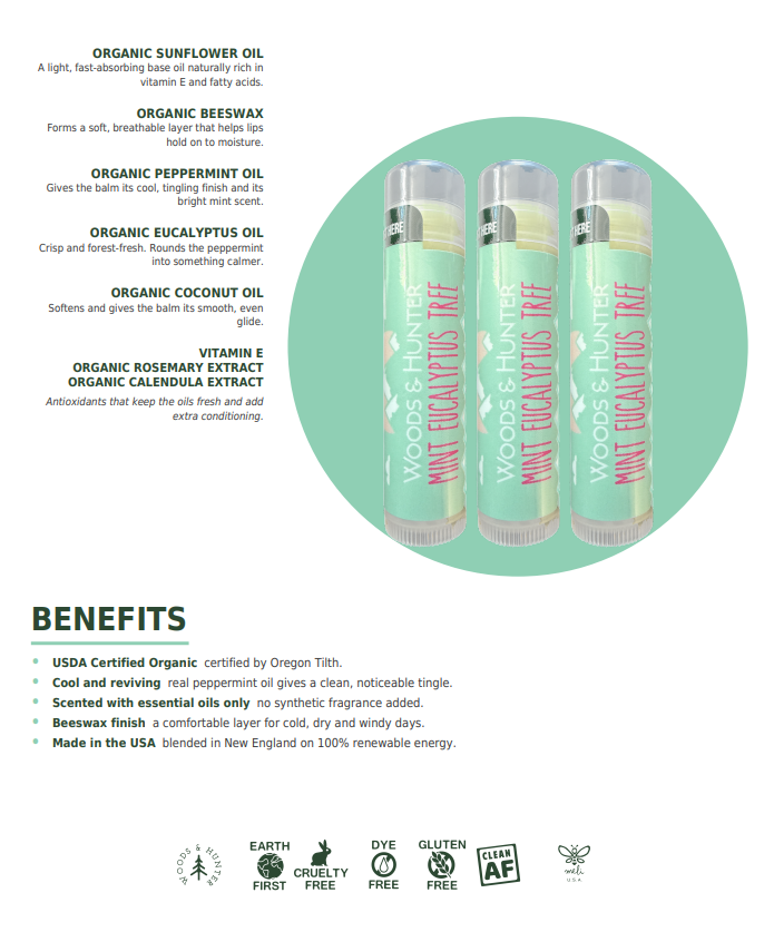 Woods & Hunter Mint Eucalyptus USDA Organic Lip Balm 3-Pack